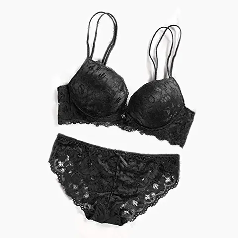 Beauty Vision Women's Lace Padded Cups Underwired Solid Lingerie Set