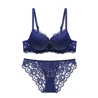 Kliznil Women's Soft Elegant Padded Lace Push up Bra Panty Sexy Lingerie Swimwear Bikini Set (Blue, 32)-thumb3