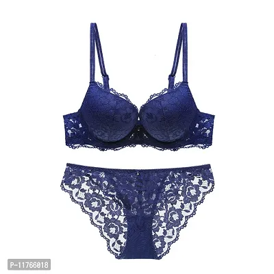 Kliznil Women's Soft Elegant Padded Lace Push up Bra Panty Sexy Lingerie Swimwear Bikini Set (Blue, 32)-thumb4