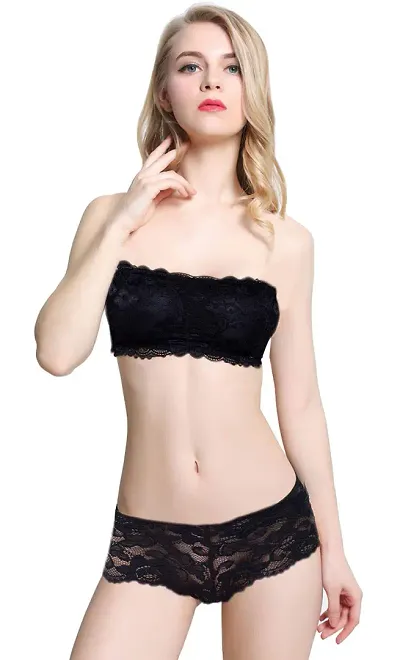 Brafozy Women's Lace Lightly Padded Non-Wired Solid Lingerie Set (Neel002_Black_32)