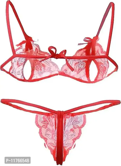 Beauty Vision Women's Net Non Padded Non-Wired Solid Lingerie Set (Neel003_Red_30)-thumb2