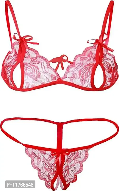 Beauty Vision Women's Net Non Padded Non-Wired Solid Lingerie Set (Neel003_Red_30)