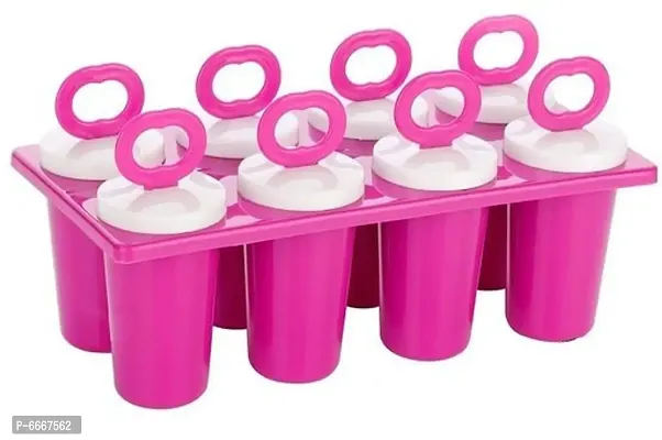 Useful Plastic Frozen Ice Cream Mould Tray Of 8 Candy With Reusable Stick Pink Pack Of 1