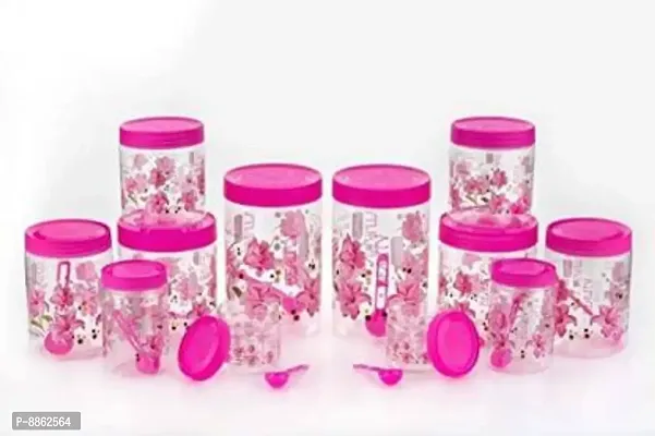 Classic Plastic Round Storage Jars Container With Spoon Kitchen Storage Containers(Pink, Pack Of 12)