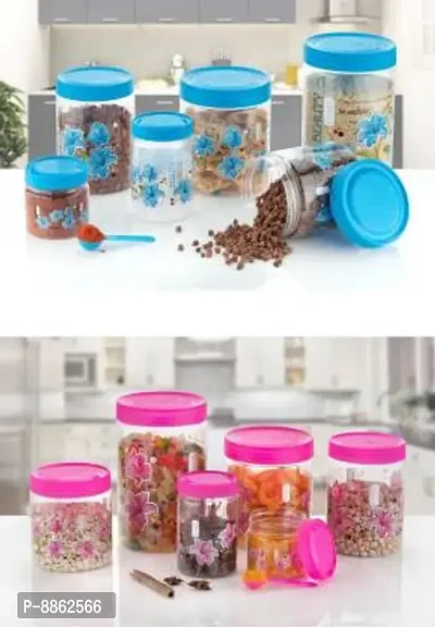 Classic Plastic Round Combo Storage Jars  Container With Spoon (Blue, Pack Of 6) (Pink, Pack Of 6)