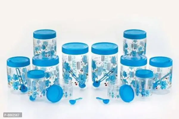 Classic Plastic Round Storage Jars Container With Spoon Kitchen Storage Containers(Blue, Pack Of 12)