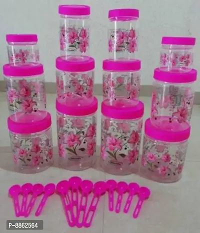 Classic Plastic Round Storage Jars Container With Spoon Kitchen Storage Containers(Pink, Pack Of 12)-thumb2