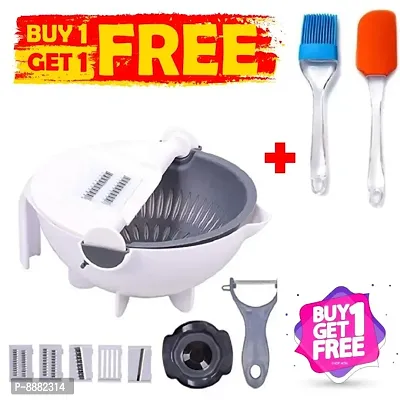 Buy 1 Get 1 Free Offer 9 in 1 Vegetable Cutter + Spatula  Oil Brush Free, Drain Basket, Slicer 2L Capacity Rotate Vegetable Chopper Graters, Kitchen Food Slicer Salad Machine Kitchen Tool Vegetable-thumb0