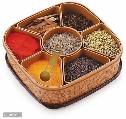 Square 7 Sections Masala Rangoli Box Dabba for Keeping Spices | Spice Box for Kitchen | Plastic Wooden Style Masala Box | Masala Container | Masala Dabba (Brown, Grey, Cream  Beige)