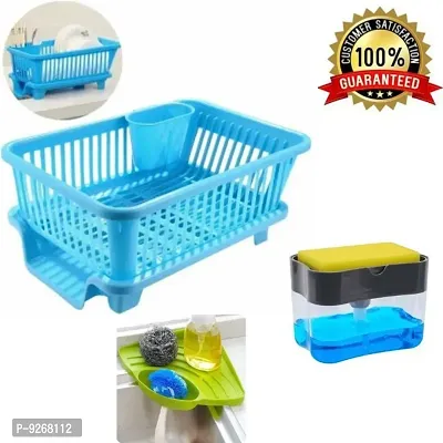 Sink Corner + Liquid Soap Press Pump/Dispenser with Sponge + Big Size Kitchen Dish Drainer Drying Rack |Washing Basket with Tray for Kitchen Rack