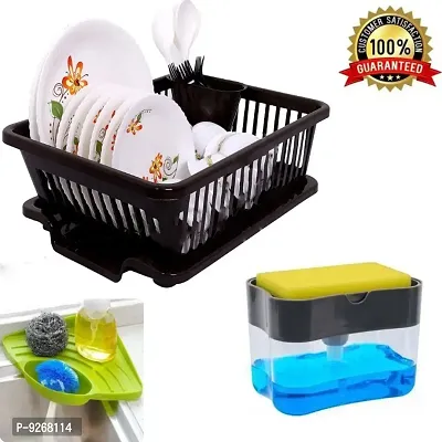 Sink Corner + Liquid Soap Press Pump/Dispenser with Sponge + Big Size Kitchen Dish Drainer Drying Rack |Washing Basket with Tray for Kitchen Rack-thumb0