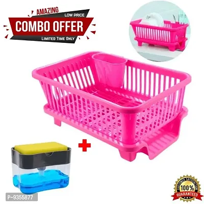 Chronicles Combo Offer Liquid Soap Press Pump/Dispenser with Sponge + Big Size Kitchen Dish Drainer Drying Rack, Washing Basket with Tray for Kitchen, Dish Rack Organizers