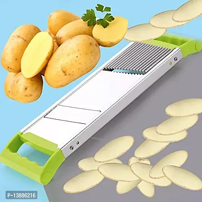 Stainless Steel Vegetable  Fruit Cutter | 2 in 1 Potato / Onion Slicer, Chopper, Cutter, Potato Chips Maker with Handle for Home Kitchen Random Color-thumb0