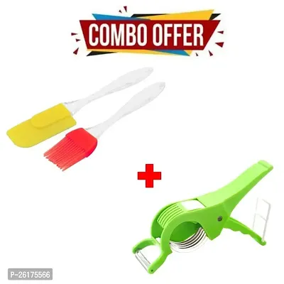 Plastic 2 in 1 Vegetable  Fruit Multi Cutter  Peeler / 1 Non-Stick Spatula And Oil Brush ,Veg Cutter Sharp Stainless Steel 5 Blade Vegetable Cutter with Peeler (Multi Color)-thumb0