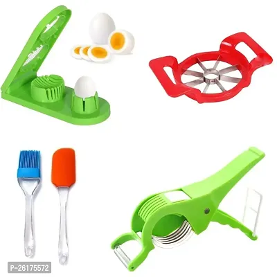 2 in 1 Boiled Egg Cutter / 2 in 1 Vegetable  Fruit Multi Cutter  Peeler / 1 Apple Cutter  / 1 Non-Stick Spatula And Oil Brush (Pack Of 4)-thumb0