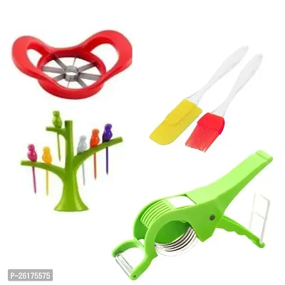 2 in 1 Vegetable  Fruit Multi Cutter  Peeler / 1 Apple Cutter / 1 Bird Fruit Fork / 1 Non-Stick Spatula And Oil Brush (Pack Of 4)