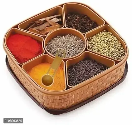 Square 7 Sections Masala Rangoli Box Dabba for Keeping Spices | Spice Box for Kitchen | Plastic Wooden Style Masala Box | Masala Container | Masala Dabba (Brown, Grey, Cream  Beige)