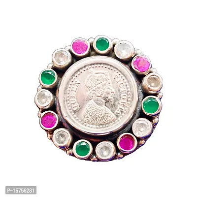 925 Sterling Silver Queen Ginni Ring with Cut Stones and Kundan Adjustable Size-thumb0