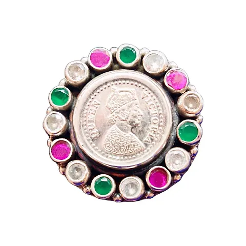 925 Sterling Queen Ginni Ring with Cut Stones and Kundan Adjustable Size