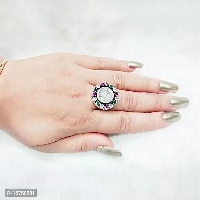 925 Sterling Silver Queen Ginni Ring with Cut Stones and Kundan Adjustable Size-thumb3