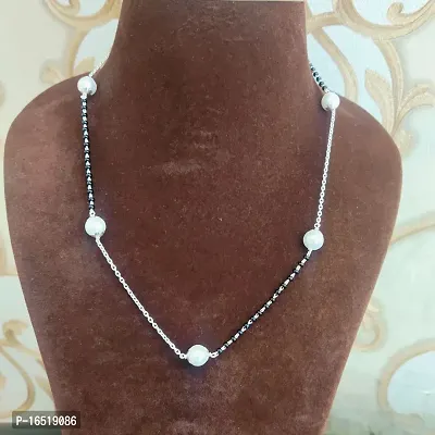 925 Sterling Silver Chain with Pearl  Black Beads | Women's Silver Mangalsutra Necklace-thumb3