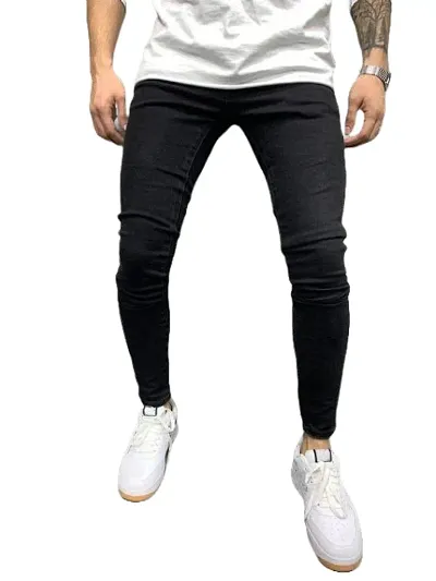 Mens Slim Fit Solid Mid Rise Black Denim Jeans