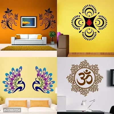 Combo Set of 4 Wall Stickers  | Decorative Florals | Decorative Ganesha | Decorative Peacock Feather | Designer Om-thumb0