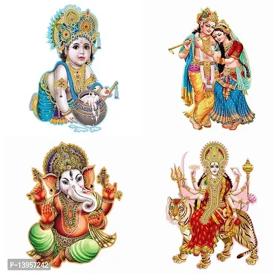 Combo Set of 4 Wall Stickers  | Bal Gopal with Makhan Matki | Classic Radha Krishna | Gajanand | Sherawali Maa