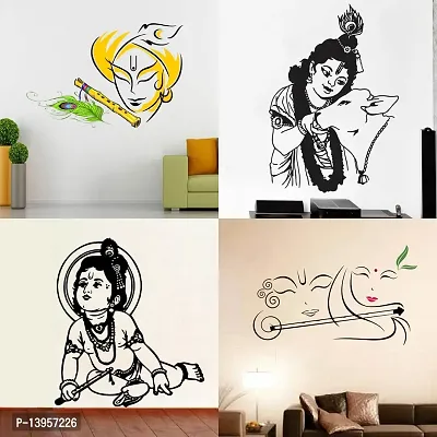 Combo Set of 4 Wall Stickers  | krishna | krishna with cow | krishna Black | Radhe Krishna with Flute-thumb0