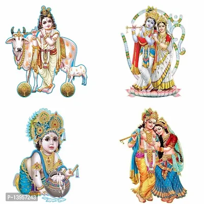 Combo Set of 4 Wall Stickers  | Kunj Bihari with Cow | Radha Krishna with Om | Bal Gopal with Makhan Matki | Classic Radha Krishna