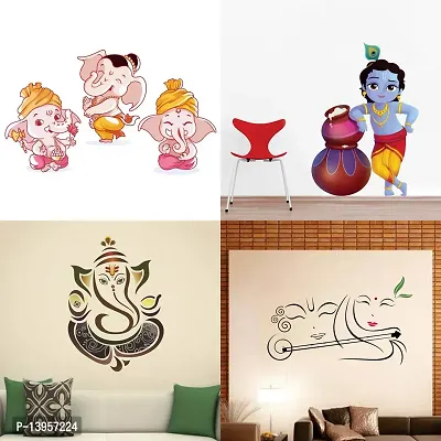 Combo Set of 4 Wall Stickers  | Bal Ganesh | Cute bal Krishna makhan chor | Royal Ganesh | Radhe Krishna with Flute
