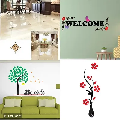 Combo Set of 4 Wall Stickers  | Diamond Black and Yellow Floor Sticker | Welcome | Kids under the tree | Flower Vase Red