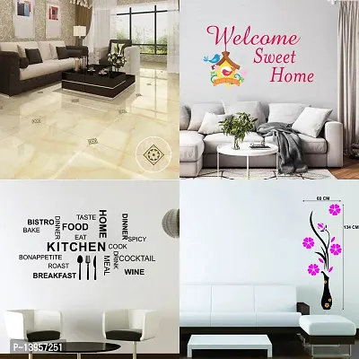 Combo Set of 4 Wall Stickers  | Yellow Floor Sticker | Welcome Sweet Home | Kitchen Quote Modern Art | Flower Vase Magenta