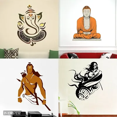 Combo Set of 4 Wall Stickers  | Royal Ganesh | Shiv Parwati | Lord Ram | Hanuman