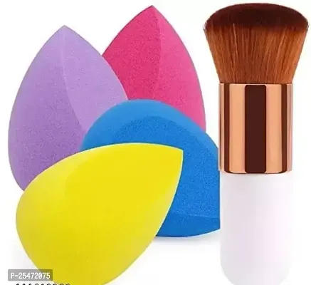 Round Makeup Foundation Brush With 4 Multicolor Blender Puff-thumb0