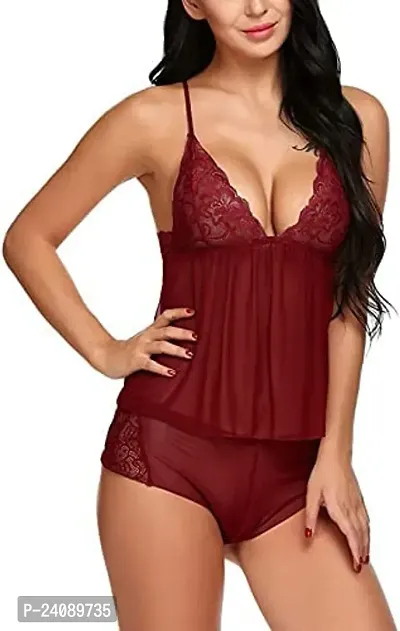 Comfortable Maroon Cotton Lace Baby Dolls For Women-thumb0