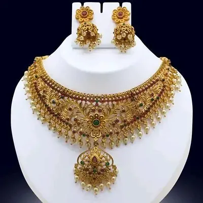 Stylish Brass Pearl Jewellery Set For Women