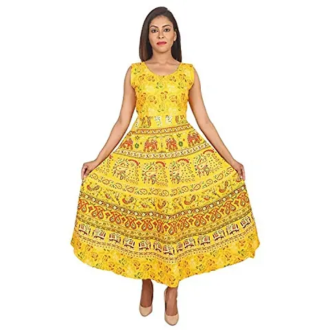 Kuruti B Sheets Brand Women's Rajasthani Traditional Jaipuri Printed Cotton Maxi Midi Dress (PECOCK-LY) Lemon Yellow