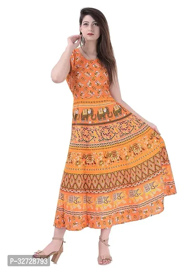 Stylish Orange Cotton Floral Printed Dress For Women