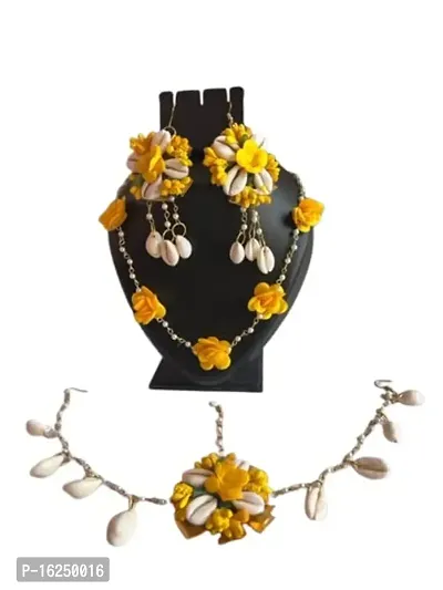 SahuShopello shell jewellery for haldi ceremony for bride/ cowrie Floral Jewellery set for Haldi Ceremony / baby Shower / Artificial Flower set-thumb0