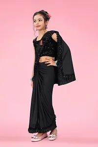 AADHYA CREATION WITH AC Girls Lycra Blend Regular Fit Kids Solid Bollywood Style Saree with Unstiched Velvet Blouse Piece (Black,5-6 Years)(4.5m)-thumb2