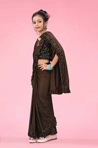 AADHYA CREATION WITH AC Girls Lycra Blend Regular Fit Kids Solid Bollywood Style Saree with Unstiched Velvet Blouse Piece (Brown,15-16 Years)(4.5m)-thumb2