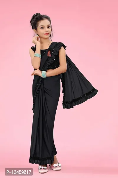 AADHYA CREATION WITH AC Girls Lycra Blend Regular Fit Kids Solid Bollywood Style Saree with Unstiched Velvet Blouse Piece (Black,14-15 Years)(4.5m)-thumb4