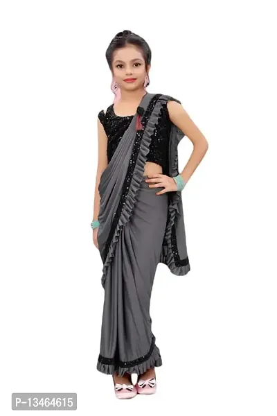 AADHYA CREATION WITH AC Girls Lycra Blend Regular Fit Kids Solid Bollywood Style Saree with Unstiched Velvet Blouse Piece (Grey,12-13 Years)(4.5m)-thumb0