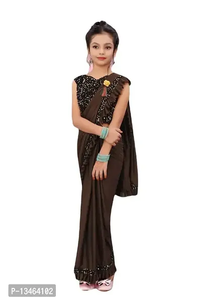 AADHYA CREATION WITH AC Girls Lycra Blend Regular Fit Kids Solid Bollywood Style Saree with Unstiched Velvet Blouse Piece (Brown,15-16 Years)(4.5m)-thumb0