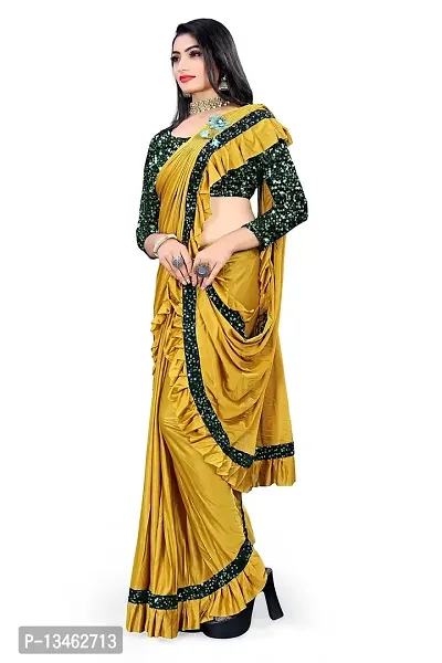 AADHYA CREATION WITH AC Women's Lycra Blend Regular Fit Bollywood Style Saree with Unstiched Velvet Blouse Piece (Yellow)-thumb2