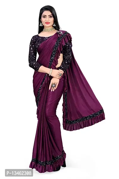 AADHYA CREATION WITH AC Women's Lycra Blend Regular Fit Bollywood Style Saree with Unstiched Velvet Blouse Piece (Wine)-thumb0