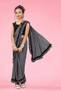 AADHYA CREATION WITH AC Girls Lycra Blend Regular Fit Kids Solid Bollywood Style Saree with Unstiched Velvet Blouse Piece (Grey,6-7 Years)(4.5m)-thumb3