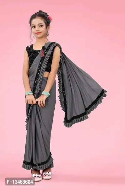 AADHYA CREATION WITH AC Girls Lycra Blend Regular Fit Kids Solid Bollywood Style Saree with Unstiched Velvet Blouse Piece (Grey,6-7 Years)(4.5m)-thumb4