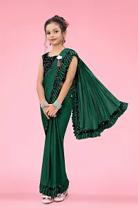 AADHYA CREATION WITH AC Girls Lycra Blend Regular Fit Kids Solid Bollywood Style Saree with Unstiched Velvet Blouse Piece (Green,14-15 Years)(4.5m)-thumb2